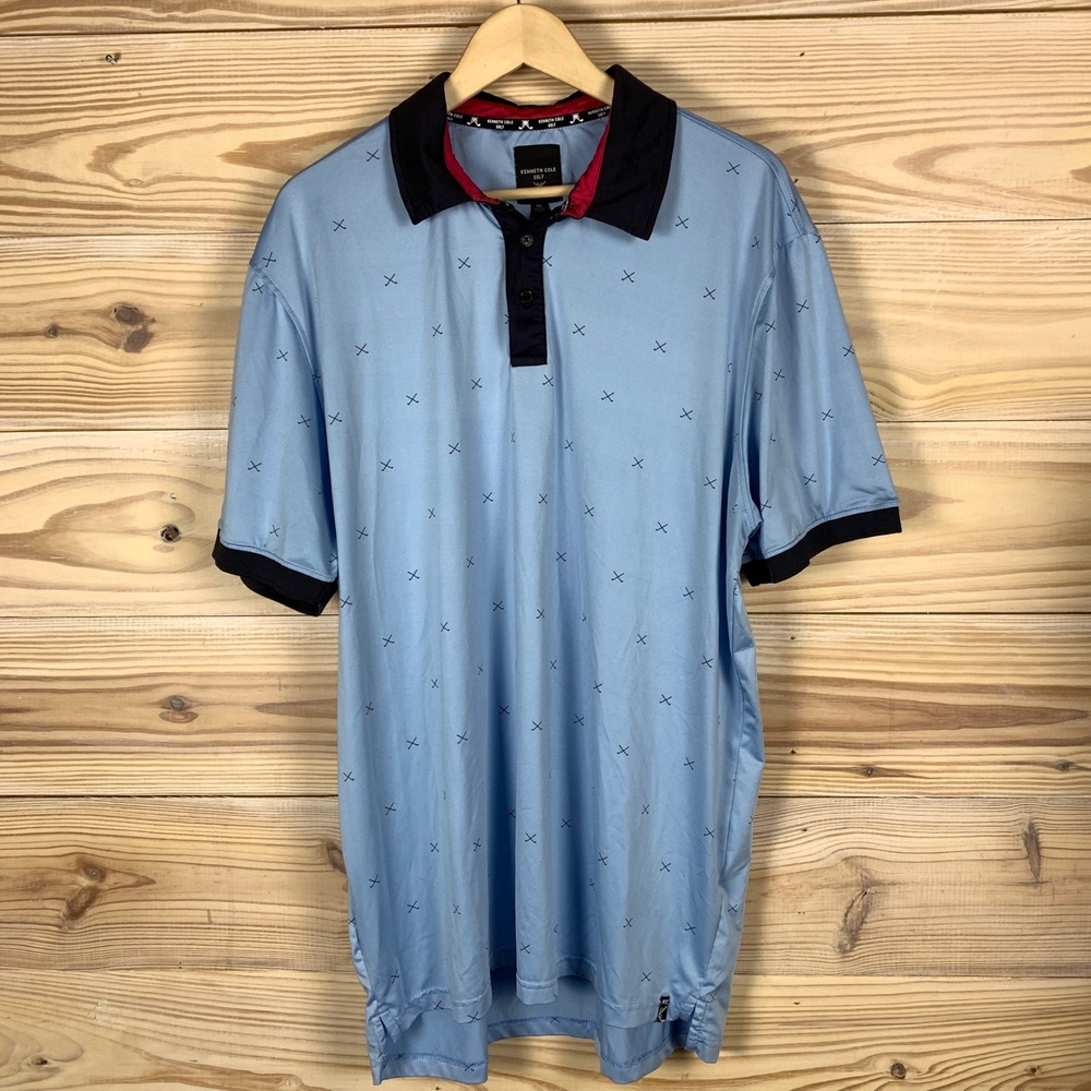 Kenneth Cole Golf Polo Shirt Mens XL Blue Cross Print Performance